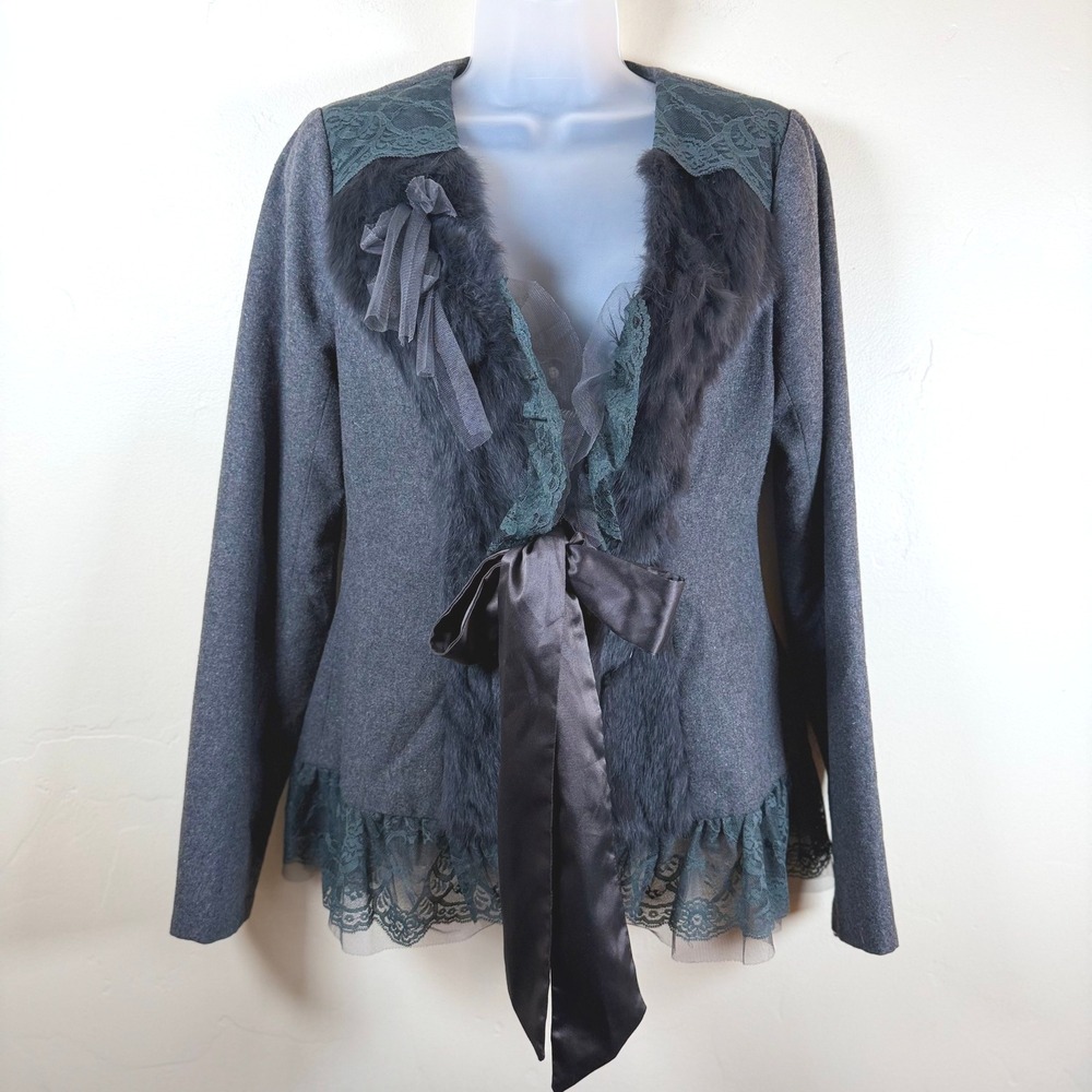 Anthropologie Ryu Wool Lace Rabbit Fur Jacket Size Small Gray Satin Tie Romantic